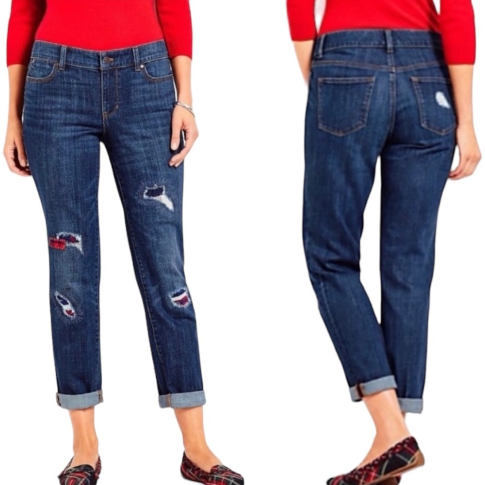Talbots Boyfriend Patchwork Plaid Distressed Jean… - image 2